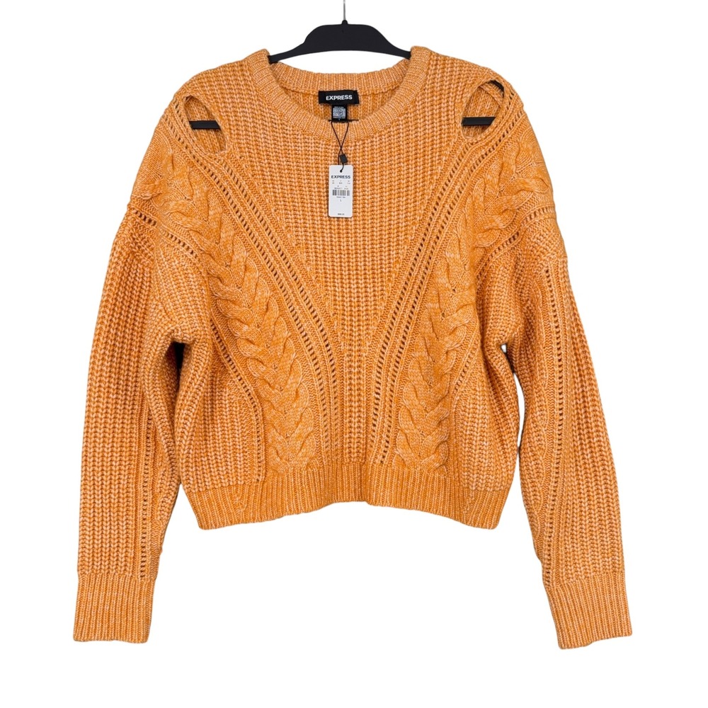 Express‎ Cold Shoulder Cable Knit Sweater Womens L Recycled Polyester Orange